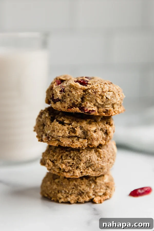Cranberry Oat Delights 3 Stack of Oatmeal Cranberry Cookies next to a glass of milk, inviting and wholesome.