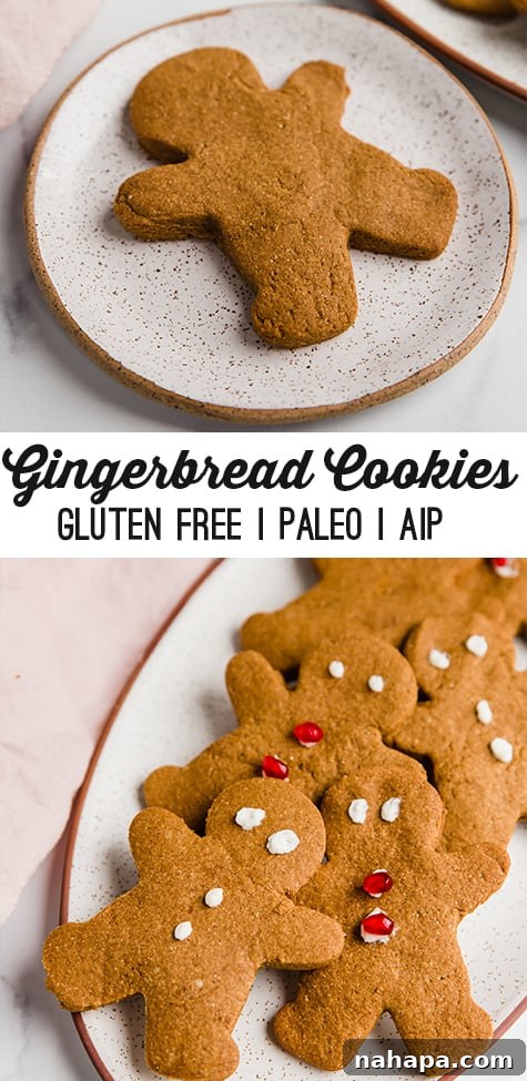 Pinterest pin graphic for AIP Gingerbread Cookies, highlighting them as paleo, gluten-free, and refined sugar-free holiday alternatives.