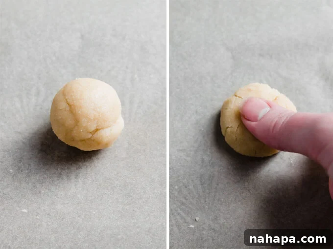 Process shots showing a ball of gluten-free thumbprint cookie dough on the left and a finger creating a thumbprint indentation on a dough ball on the right
