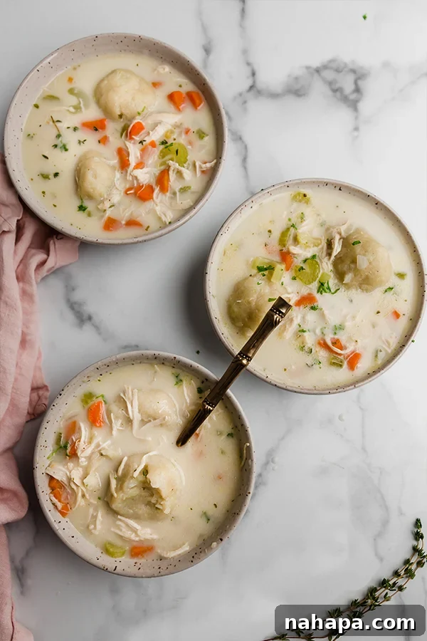 Nourishing Paleo AIP Chicken Cauliflower Dumplings 5 Three individual bowls of gluten-free chicken and cauliflower dumplings soup, garnished with herbs.