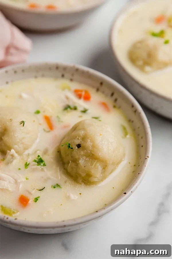 Nourishing Paleo AIP Chicken Cauliflower Dumplings 6 A close-up of a steaming bowl of chicken and dumpling soup, highlighting the creamy broth and hearty ingredients.