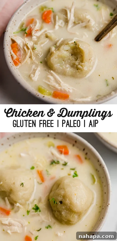 Nourishing Paleo AIP Chicken Cauliflower Dumplings 7 Pinterest graphic for gluten-free chicken and cauliflower dumplings soup, highlighting it as paleo and AIP-friendly.
