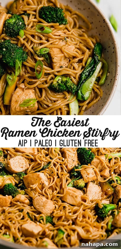 A final aesthetic shot of the chicken and ramen stir fry, suitable for sharing on social media.