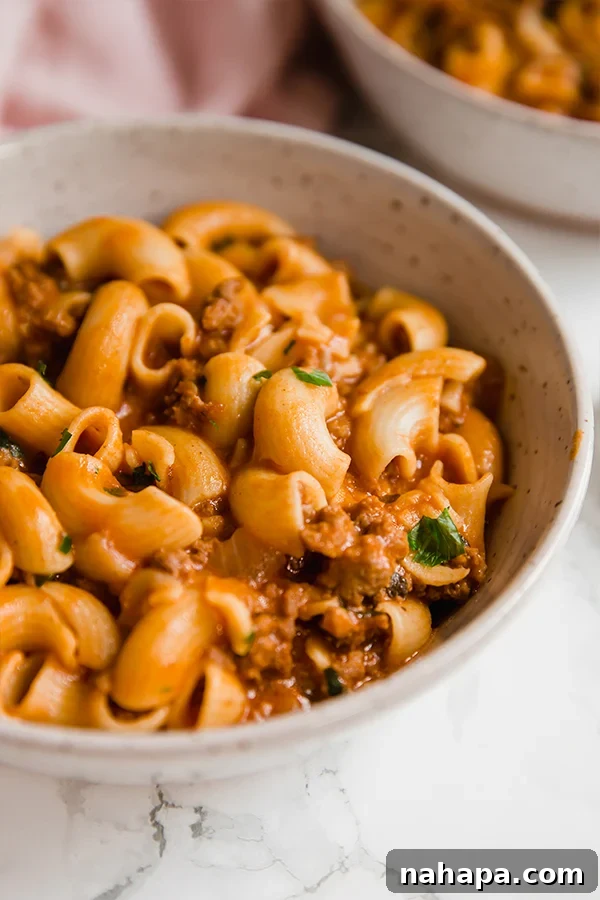 A bowl of delicious copycat hamburger helper, showing its creamy texture and rich sauce
