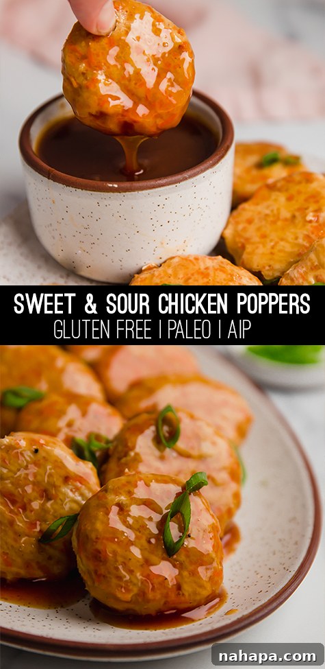 Guilt-Free Sweet and Sour Chicken Poppers 7 A stunning top-down view of sweet and sour chicken poppers in a rustic bowl, garnished with fresh green onions.