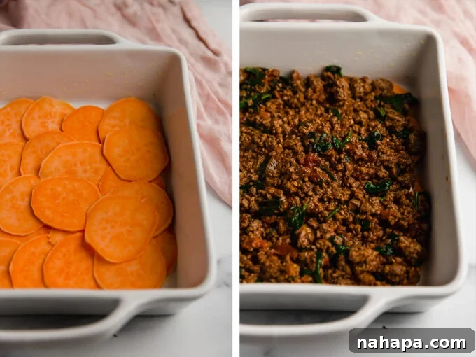 Sweet Potato Lasagna: An AIP, Paleo, and Dairy-Free Delight 4 slices of sweet potato in casserole dish; ground beef mixture in casserole dish