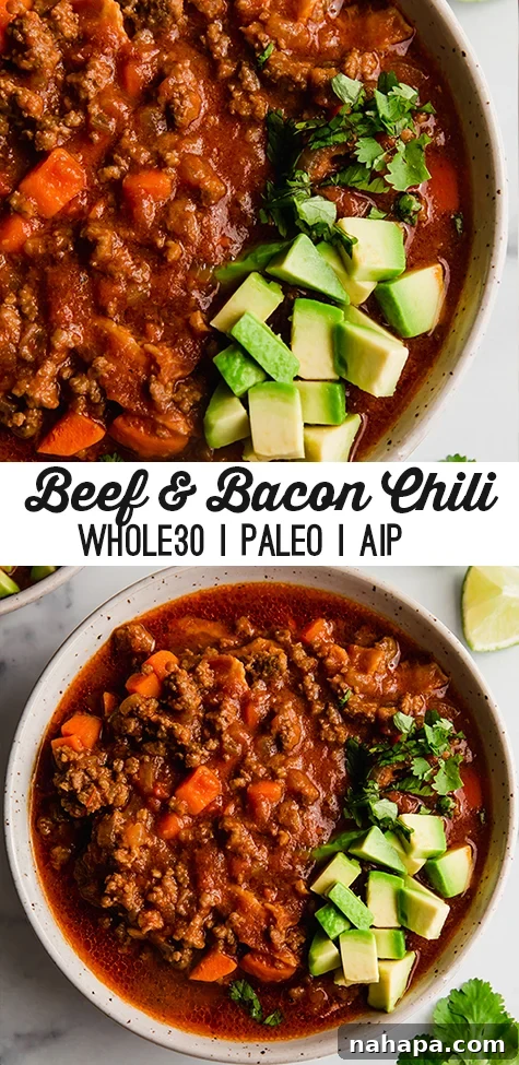 Pin graphic for bacon & beef chili recipe, featuring a bowl of chili with toppings