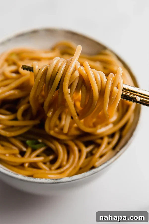 A close-up of a bowl of hibachi noodles garnished with green onions and sesame seeds.
