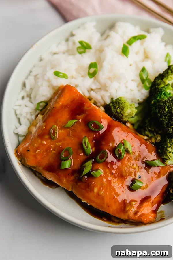 teriyaki salmon bowl with broccoli and rice