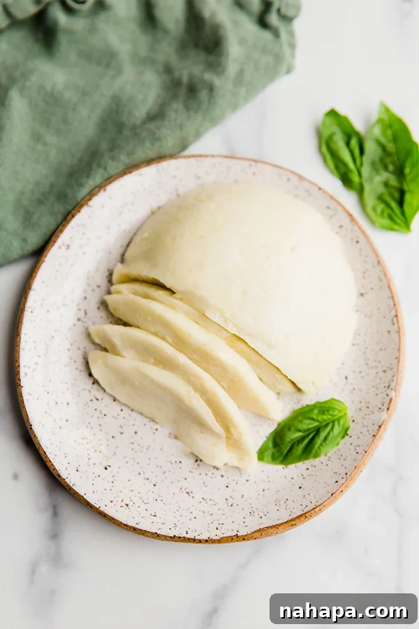 Block of AIP mozzarella cheese, half sliced, showing creamy texture