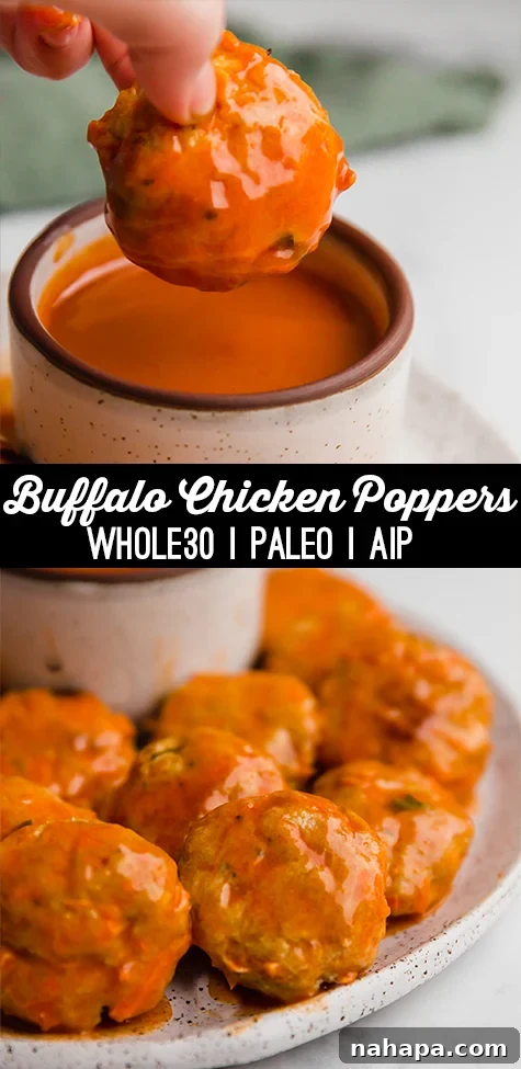 Guilt-Free Buffalo Chicken Poppers 6 A close-up shot of buffalo chicken poppers, showcasing their golden-brown exterior and delicious sauce, perfect for sharing on social media.