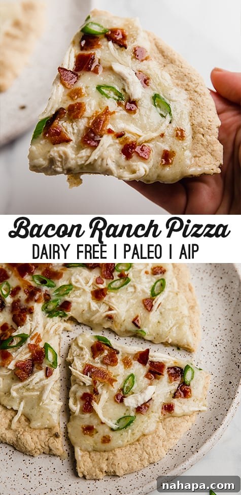 Pinterest optimized image for AIP & Paleo Chicken Bacon Ranch Pizza, featuring multiple pizza images and text overlays