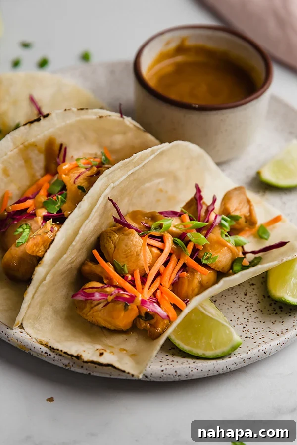 Grain Free Thai Chicken Tacos Paleo AIP 4 thai chicken tacos on plate with sauce