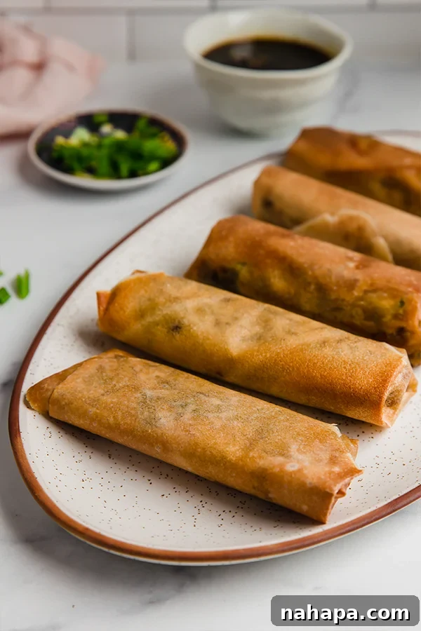 Air fryer egg rolls on plate with dipping sauce on side