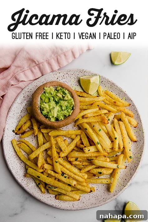 A vibrant Pinterest-friendly image showcasing golden jicama fries with dipping sauce, encouraging sharing and pinning the recipe.