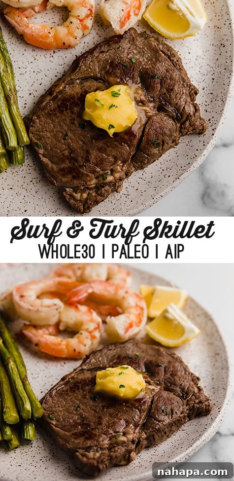 surf and turf skillet on plate