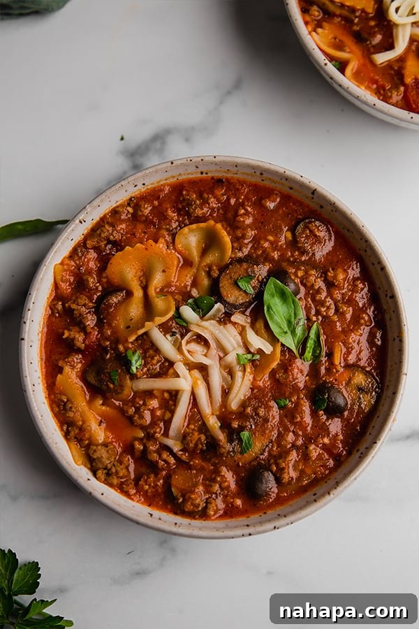 Close-up of a bowl of gluten-free pizza soup