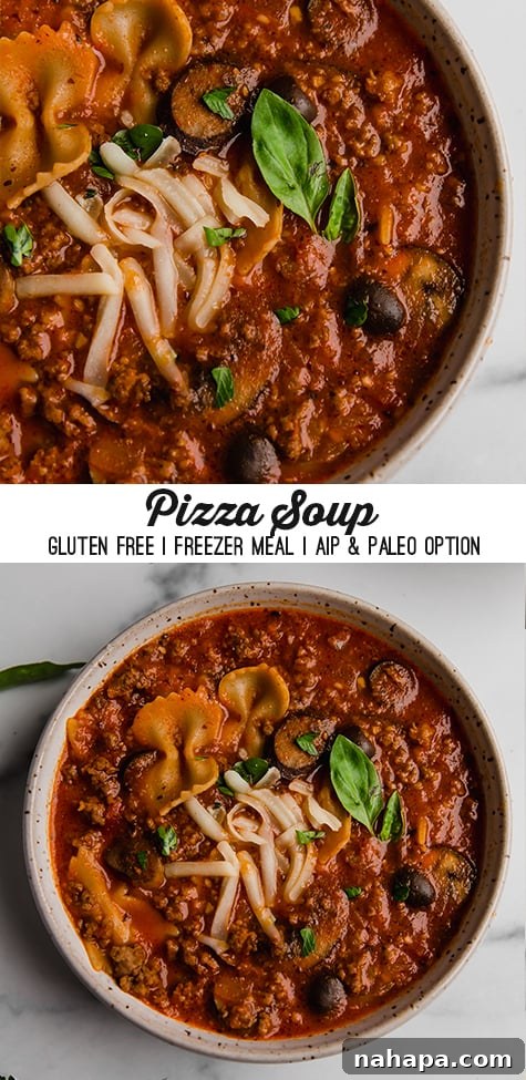 Gluten-free pizza soup recipe pin image