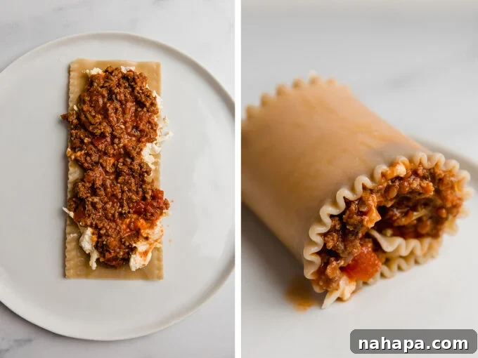 Make Ahead Gluten Free Dairy Free Lasagna Roll Ups 4 lasagna roll ups on plate, in progress of being rolled