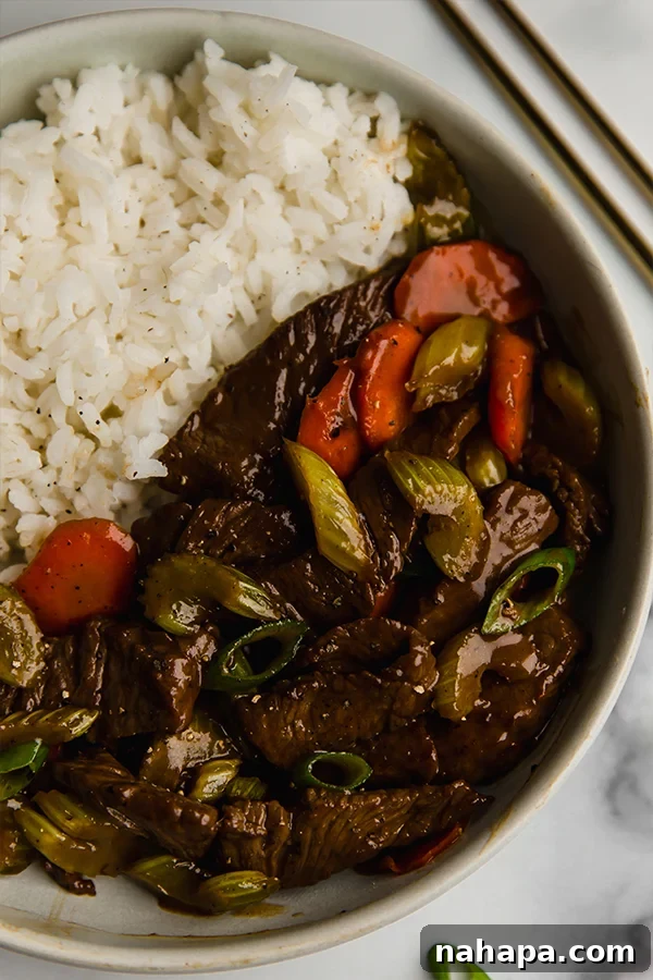 Beef and Celery Stir Fry with Rice on a plate