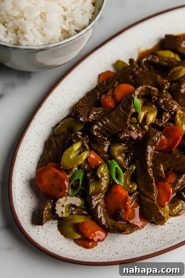 Beef and Celery Stir Fry on a plate