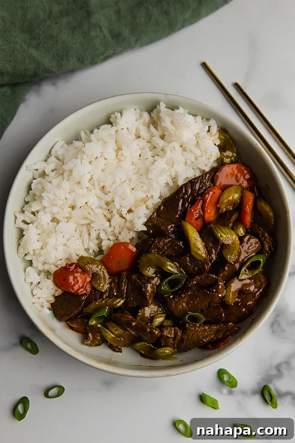 Beef and Celery Stir Fry with Rice on a plate