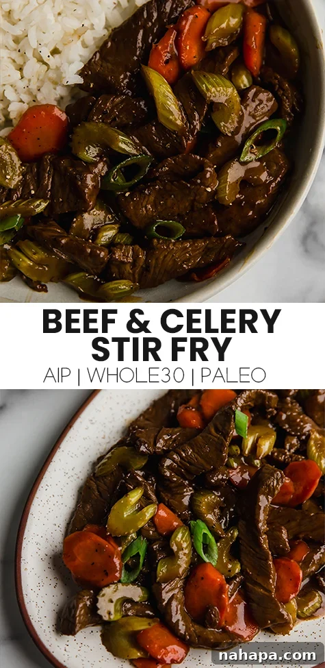 Beef and Celery Stir Fry Pinterest pin graphic