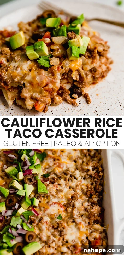 Taco Cauliflower Rice Casserole pin image with layers of ingredients clearly visible, suitable for Pinterest