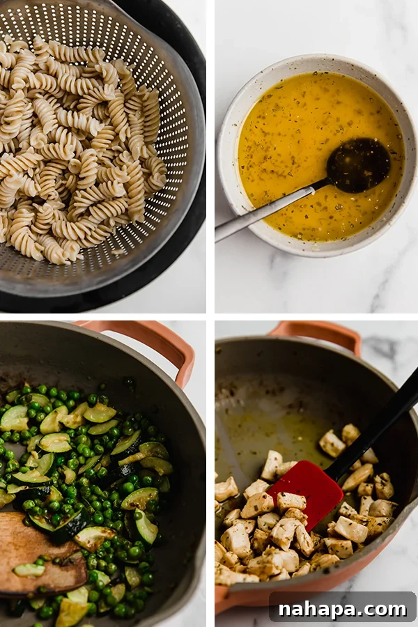 A visual step-by-step progression of preparing the spring pasta salad, from individual ingredients to the final mixed dish.