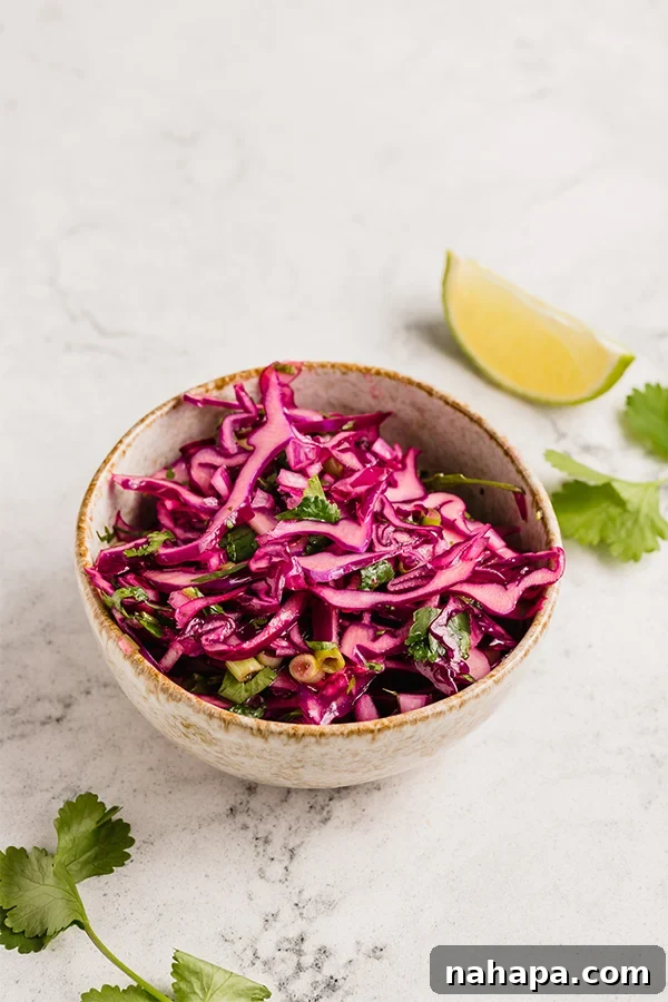 Effortless Fish Tacos with Zesty Slaw 3 A small bowl of vibrant purple cabbage slaw, garnished with lime wedges and fresh cilantro.