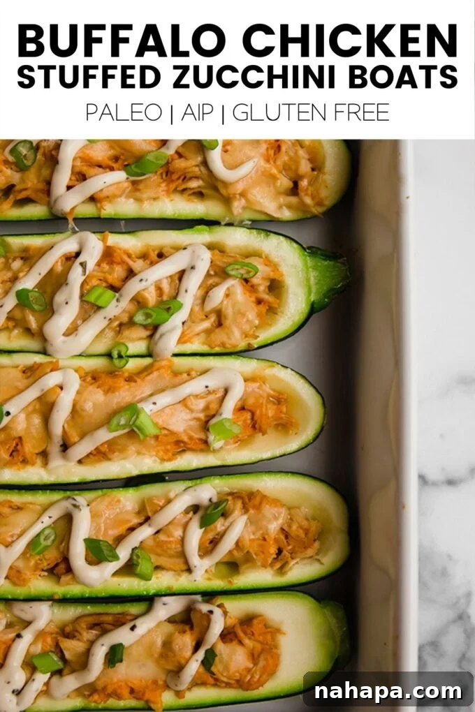 Pinterest Pin Template: Buffalo Chicken Stuffed Zucchini Boats