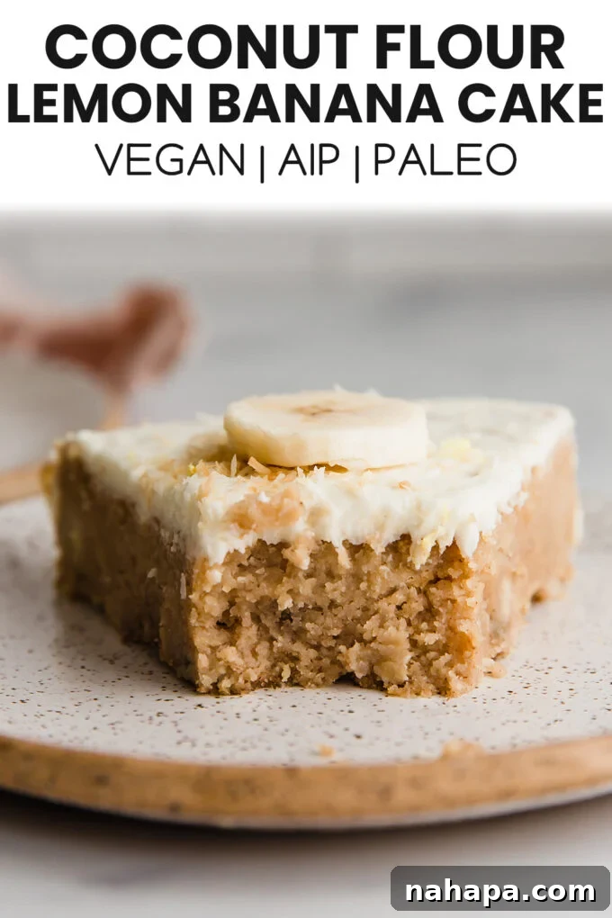 Large image of the complete Paleo Vegan Coconut Flour Lemon Banana Cake, showing its appealing presentation