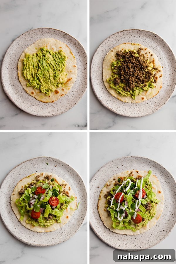 AIP Ground Beef Tostadas 3 Grain free tostadas being assembled with layers of mashed avocado, ground beef, and fresh toppings.