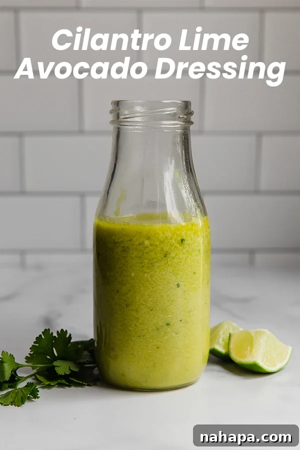 A creamy, light green cilantro lime avocado dressing in a small bowl, garnished with a lime wedge and fresh cilantro leaves.