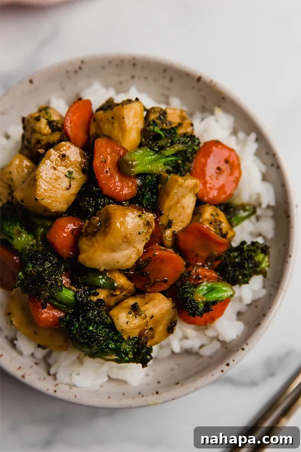 Top view of chicken stir fry in bowl over rice, garnished with green onions