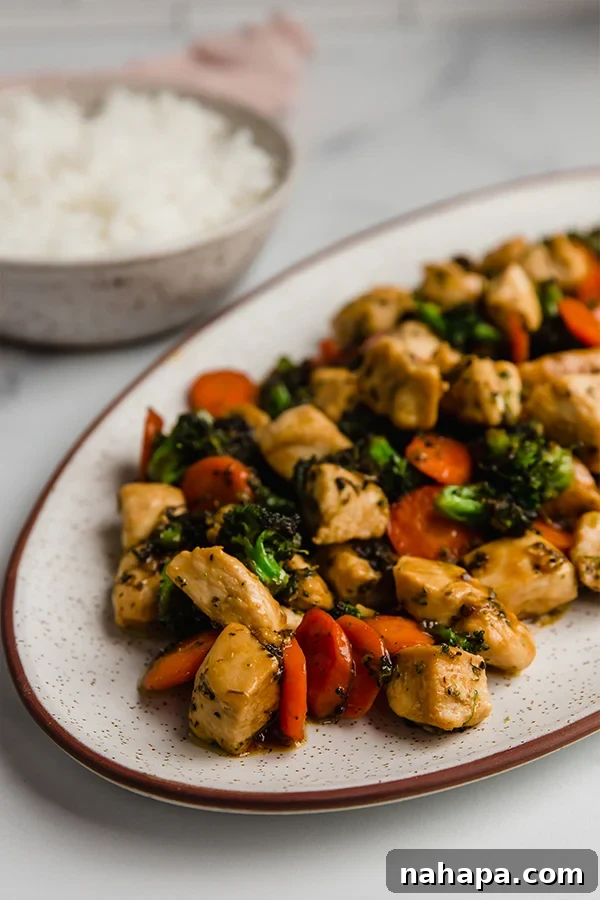 Chicken stir fry served on a platter, ready to be dished out