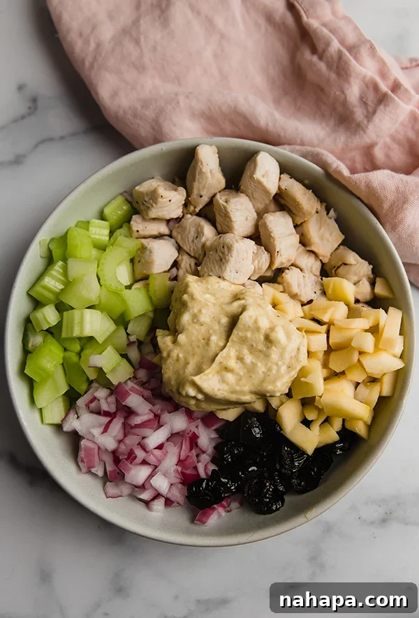Compliant Yogurt Curry Chicken Salad 4 A large bowl filled with cubed chicken, diced apple, chopped celery, diced red onion, and raisins, with the curry dressing on the side, ready to be mixed.