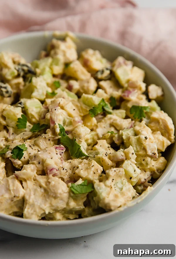 Compliant Yogurt Curry Chicken Salad 7 Close-up of the Yogurt Curry Chicken Salad, highlighting its creamy texture and colorful ingredients.