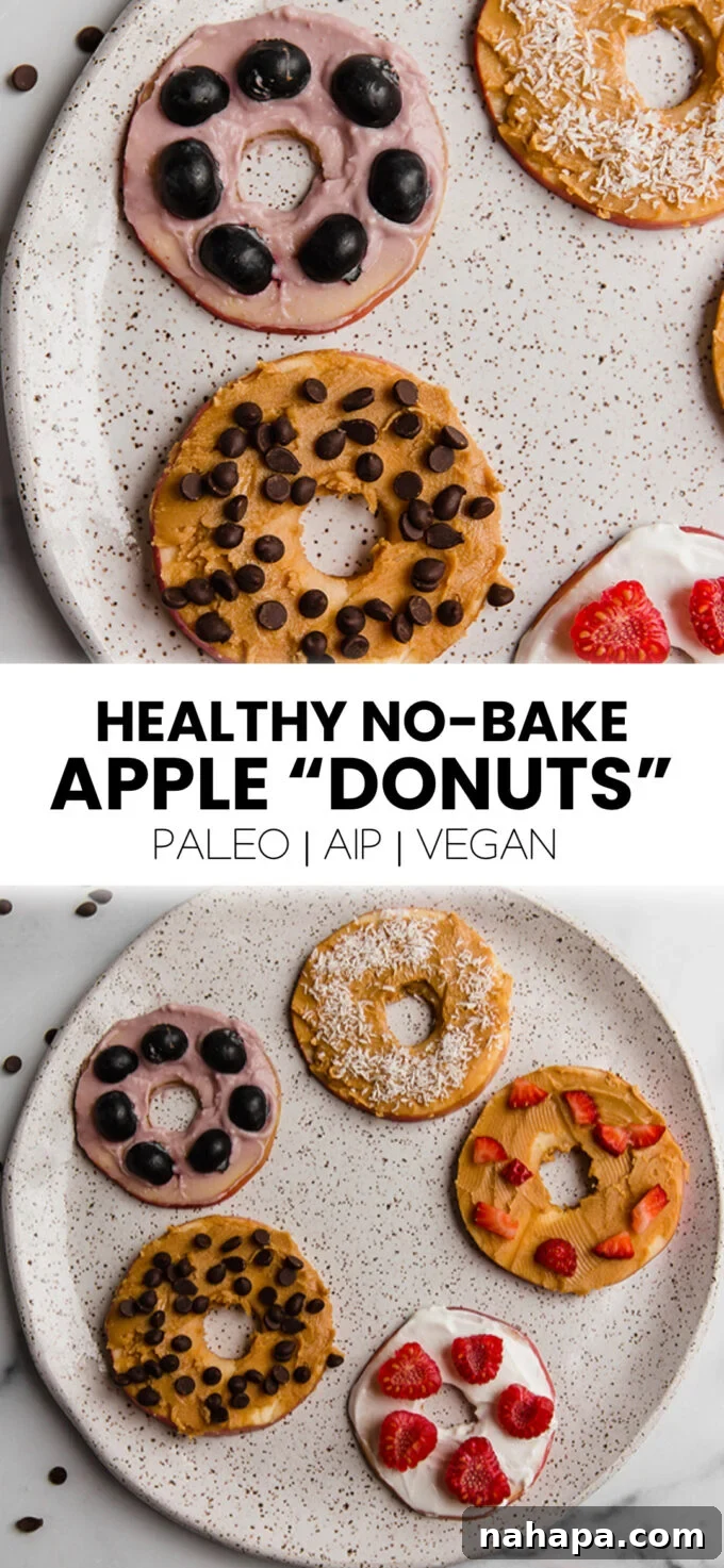 Pinterest optimized image for Healthy No-Bake Apple 'Donuts' featuring a variety of topped apple slices
