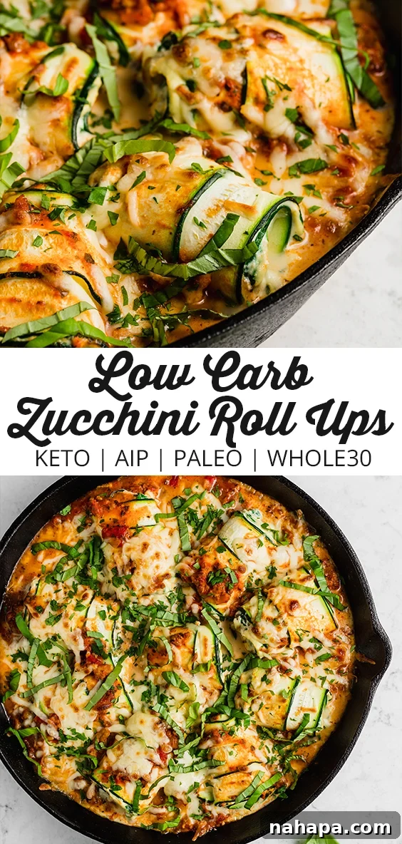 Pinterest-friendly image for Zucchini Roll Ups: Grain-Free, Paleo, Whole30, AIP lasagna alternative