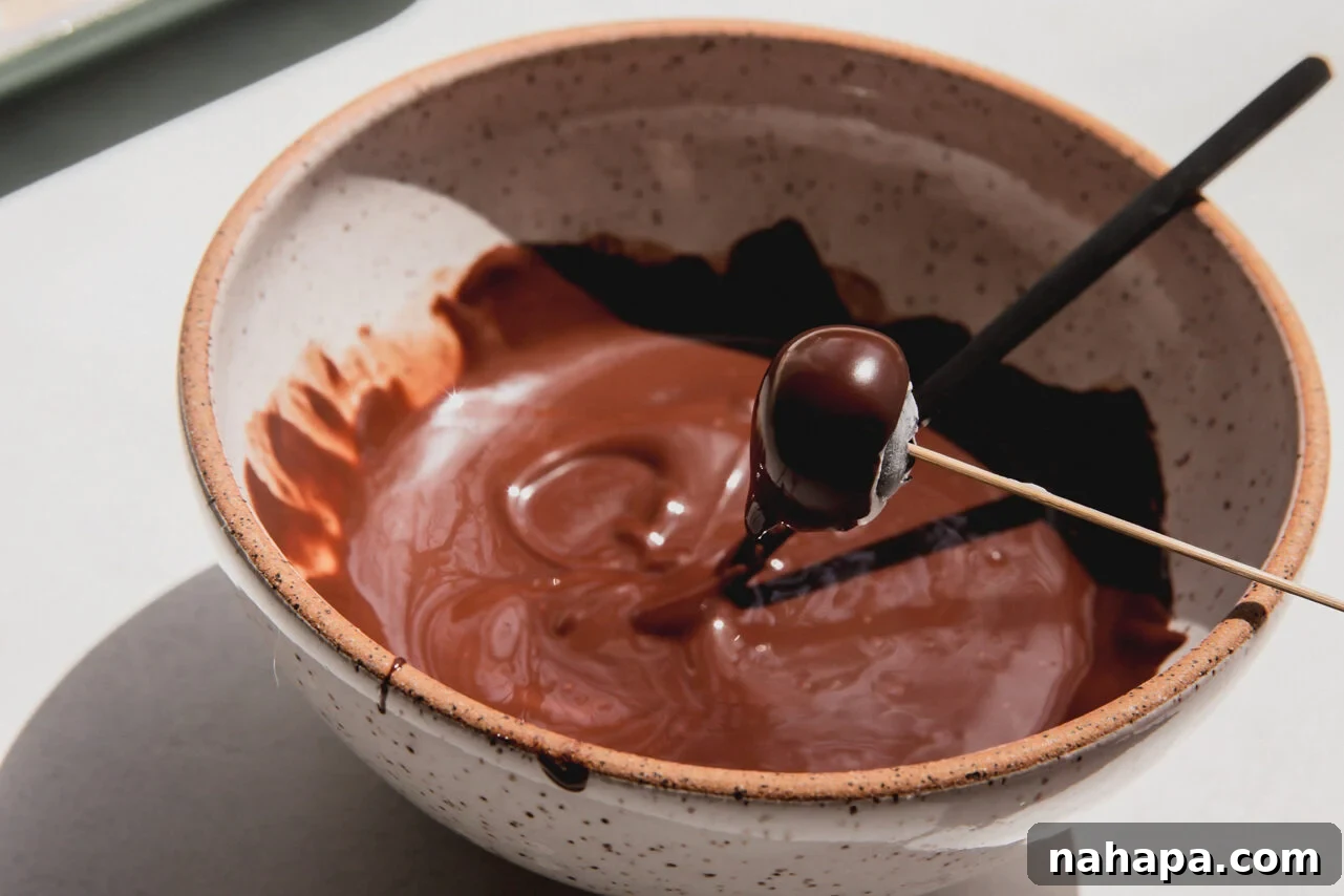 Blueberry on a toothpick being dipped in chocolate.