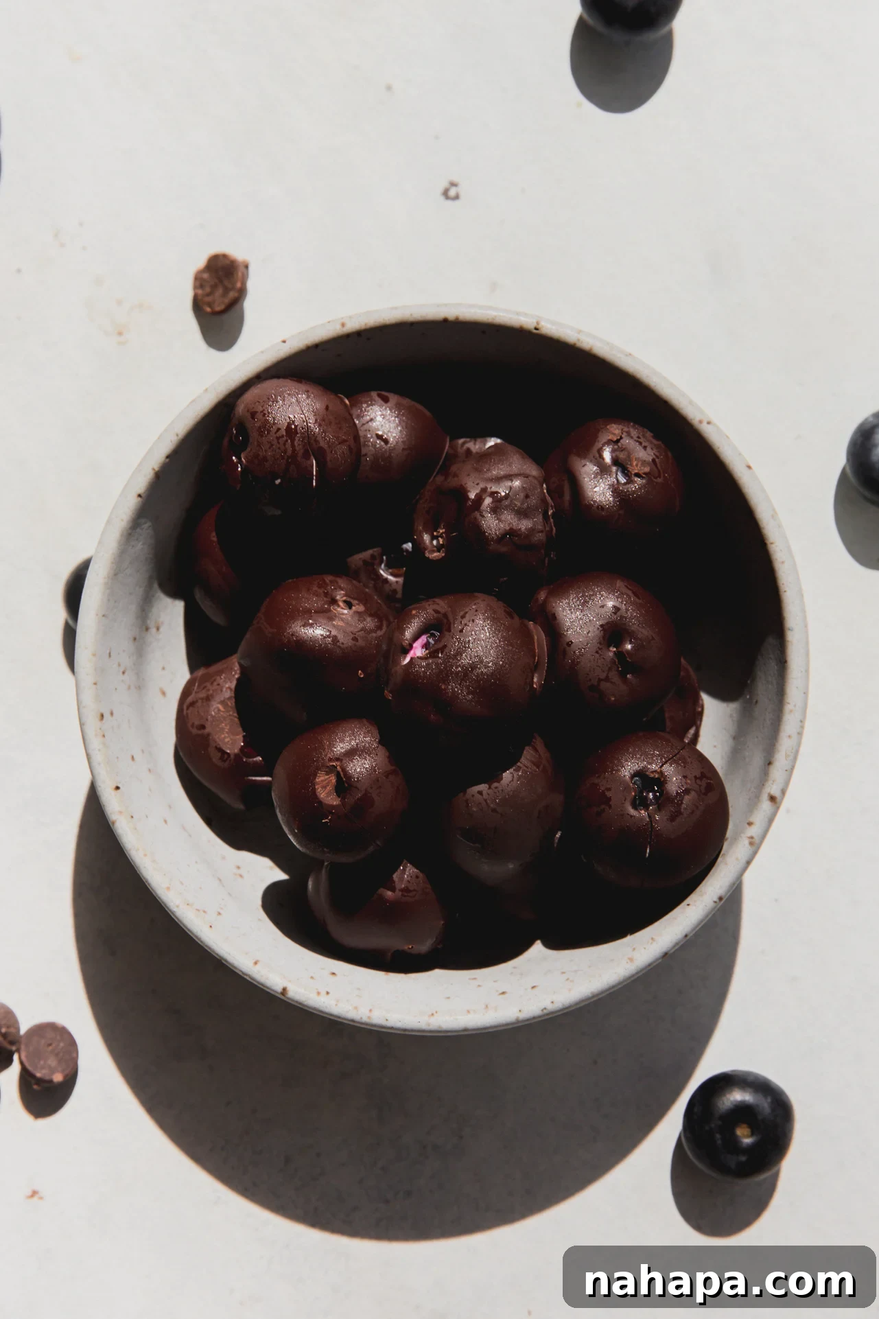 Chocolate yogurt frozen blueberries in a bowl.