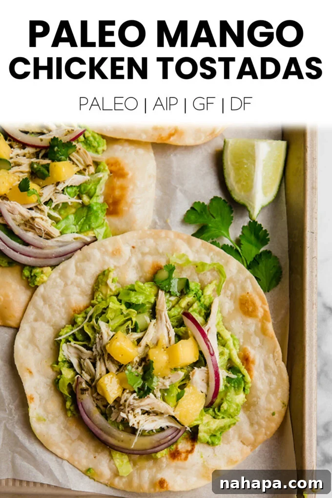 Tropical Paleo AIP Mango Chicken Tostadas 8 Promotional image for Unbound Wellness with text overlay