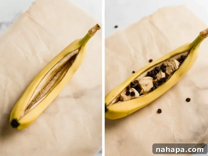 Campfire bananas side by side process shot