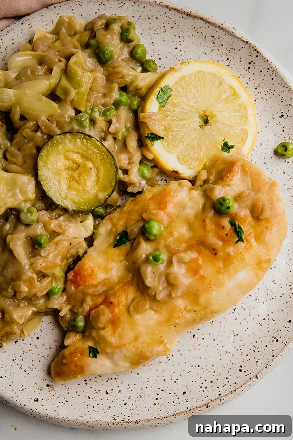 Bright Lemon Chicken Orzo Single Skillet Compliant Dish 4 A vibrant serving of lemon chicken with orzo, garnished with fresh parsley and a lemon wedge, presented on a white plate