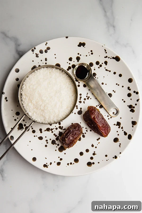 Shredded coconut and water in a blender, with dates and vanilla extract.
