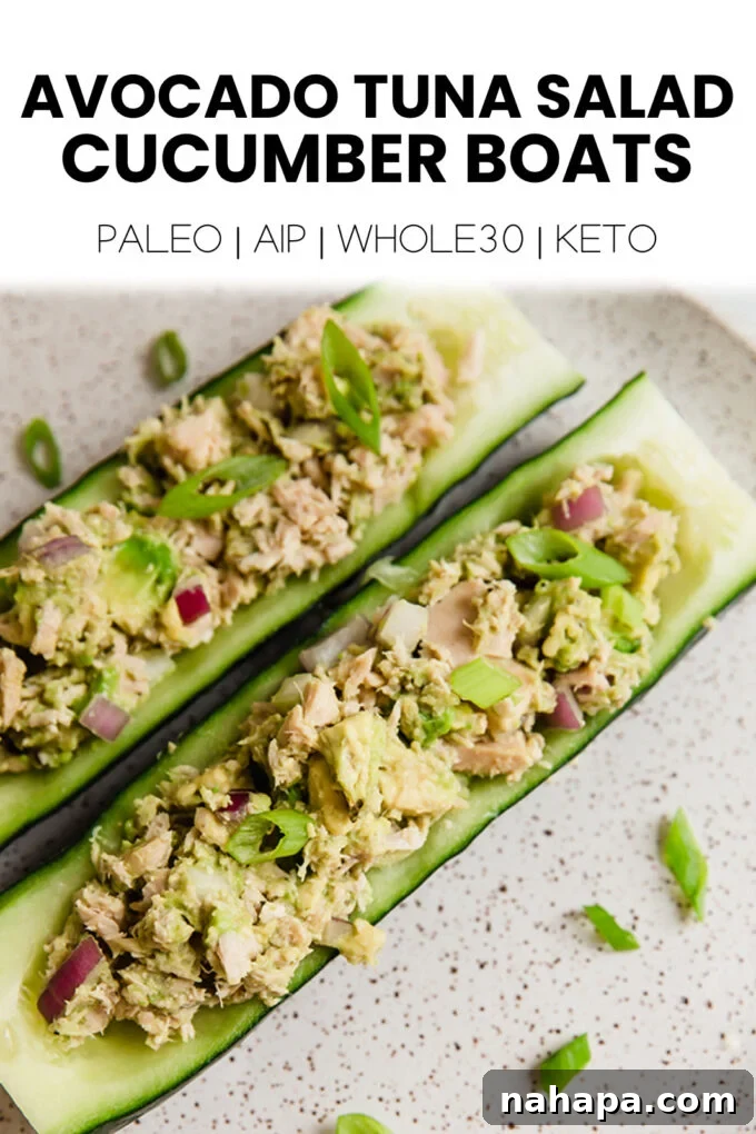 Wholesome Avocado Tuna Cucumber Boats for Clean Eating 8 A Pinterest-optimized image featuring delicious cucumber avocado tuna salad boats for meal prep.