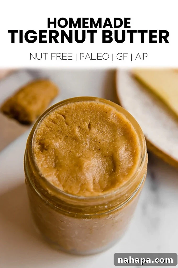Kendi Kaplan Cevizi Ezmeni Kendin Yap! 7 A Pinterest-optimized image featuring delicious homemade tigernut butter, highlighting its nut-free and allergy-friendly benefits.