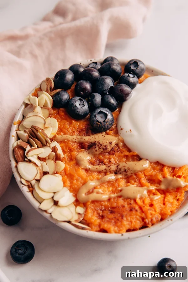 Sweet potato bowl with toppings on counter
