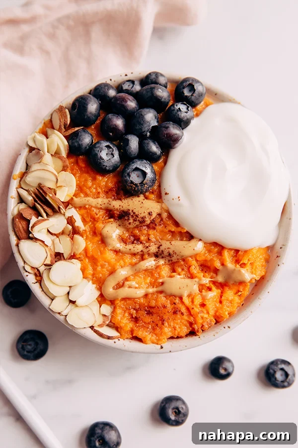 Top view of Sweet potato bowl with toppings on counter